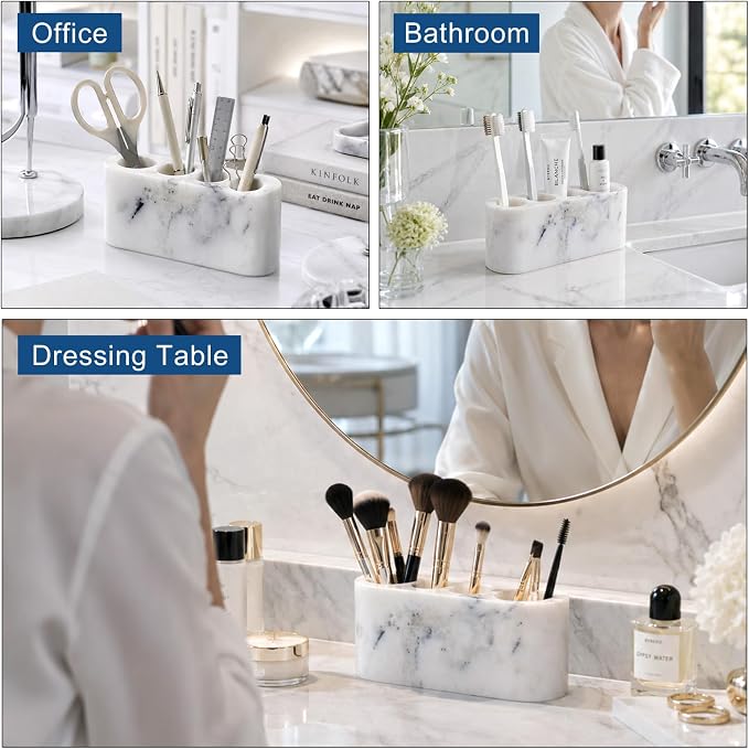 BCS Toothbrush Holder for Bathrooms, 4 Slots Marble Toothbrush and Toothpaste Holder Stand Bathroom Organizer Countertop for Electric Toothbrush, Floss, Razor, Comb(Grey)