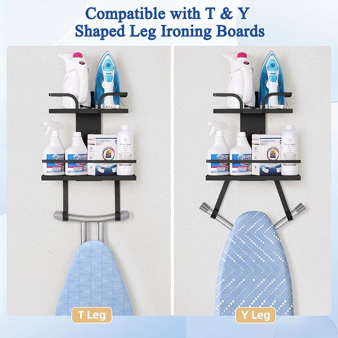 VINAEMO Ironing Board Hanger Wall Mount, 2-Layer Iron and Ironing Board Holder, Laundry Room Shelves Solid Wood with Removable Hooks Home Organization and Storage