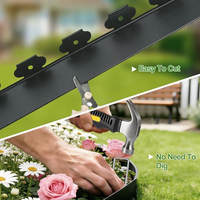 SPECILITE 4 in Landscape Edging Border, Plastic No Dig Garden Border | 100 FT Tall Flexible Landscaping Edging with 150 Galvanized Steel Stakes & Hammer for Garden, Outdoor, Yard, Lawn,Black