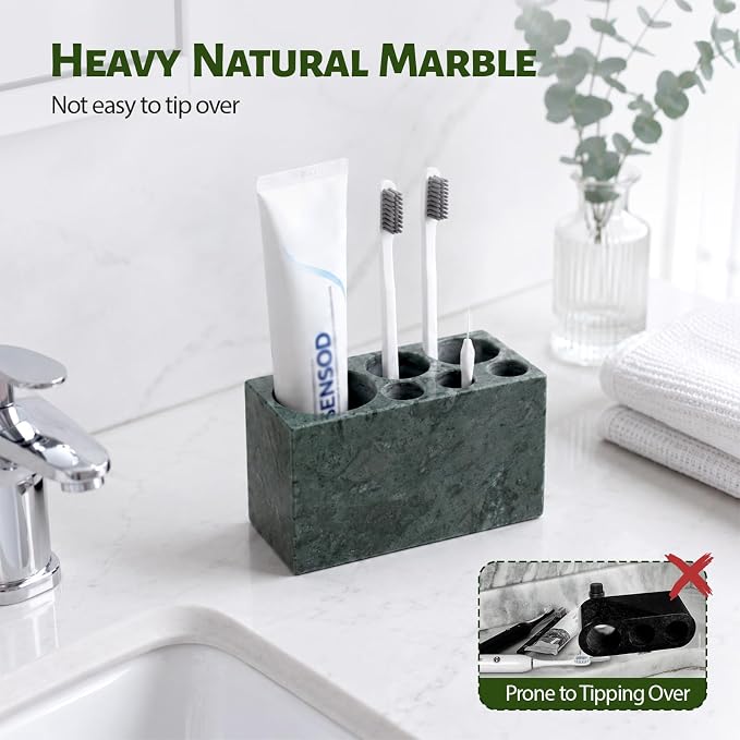 BCS Toothbrush Holder for Bathrooms, 6 Slots Open-Bottom Marble Toothbrush Organizer, Makeup Brush Stand Toothbrush Storage Collection for Bathroom Countertop Vanity Organization - Indian Green