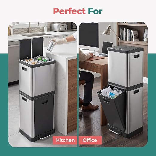 HOLDN’ STORAGE 36L Triple-Compartment Trash & Recycling Bin for Kitchen, Multi-Access Opening, Odor Control, Stainless Steel, 3 Trash Bag Rolls Included
