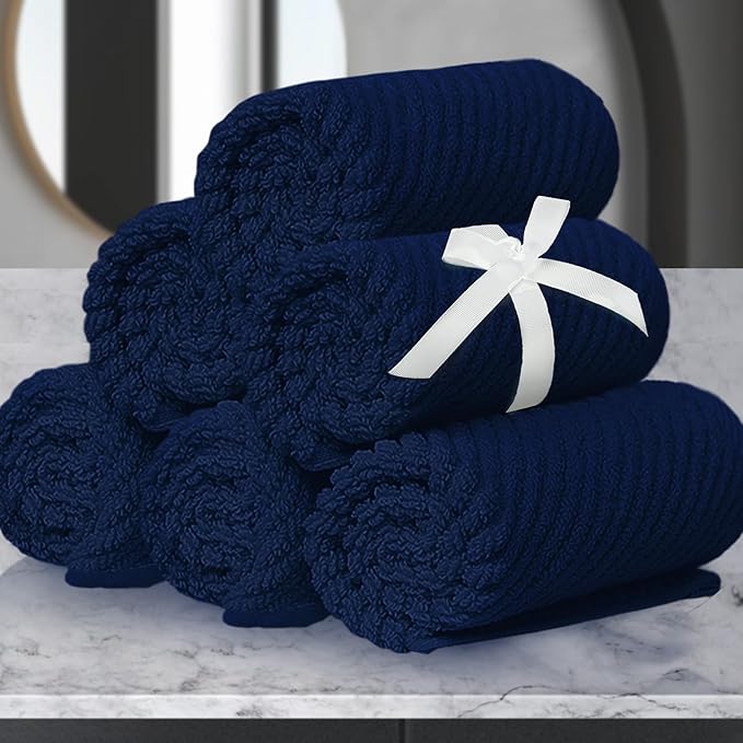 VOOVA & MOVAS Wash Cloths 6PC, 100% Cotton, 13x13 in, Navy Blue | Thick, Quick Dry, Soft, Absorbent, Wash Cloths For Bathroom & Showering, Towel Gift Set