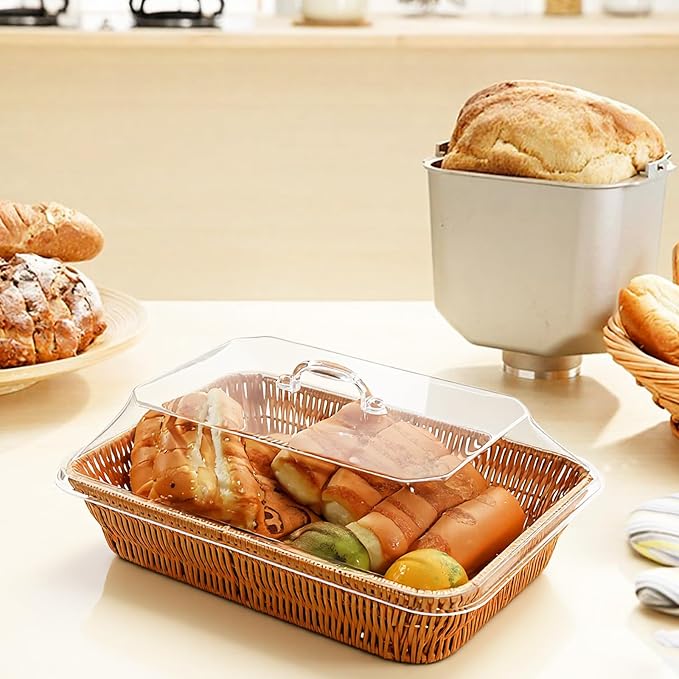 Rattan Bread Baskets, 3 Pack, rectangular Woven Baskets with Acrylic Lids, 13.8 x 9.8 inches, Stainless Steel Tongs, Lace Doilies, for Bread, Fruit, Food Display