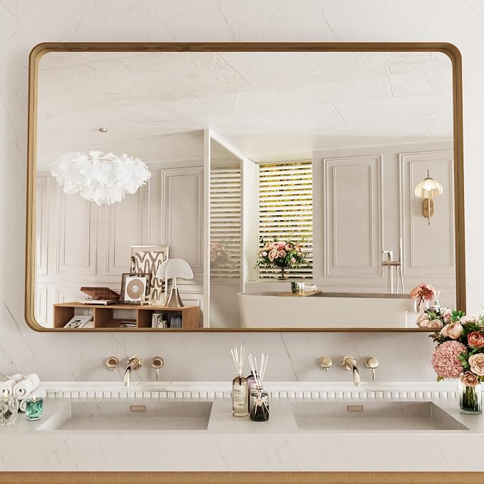 LOAAO 55X30 Inch Bathroom Mirror with Wood Grain Colored Metal Frame, Rounded Rectangle Metal Framed Bathroom Mirror, Anti-Rust, Hangs Horizontally or Vertically, Tempered Glass