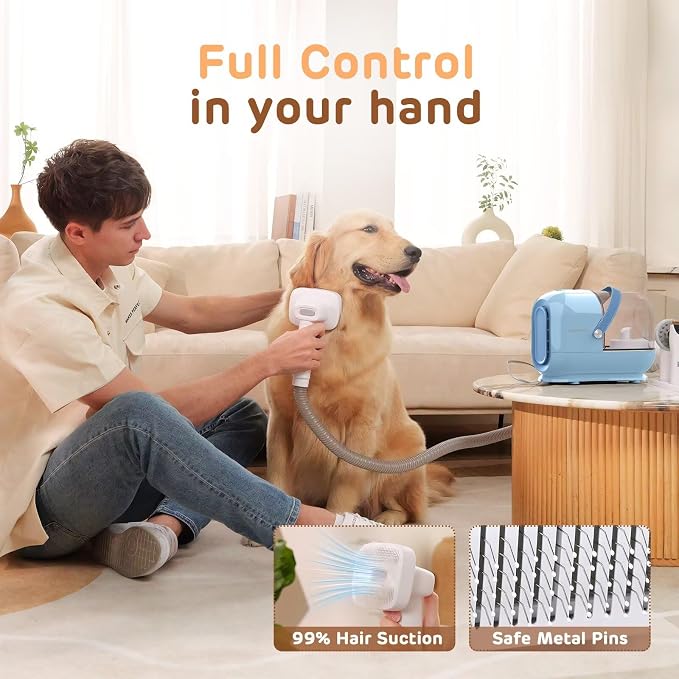 HEAPETS Dog Grooming Vacuum Kit - 3L Vacuum with 7 Tools, Low Noise Electric Clipper and Brush for Pet Shedding at Home, Blue