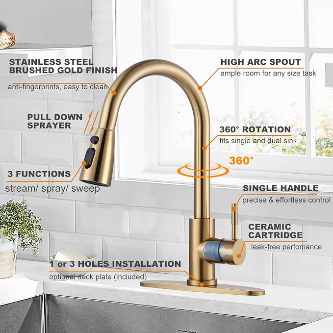 WOWOW Brushed Gold Kitchen Faucet With Sprayer, Stainless Steel High Arc Single Handle Sink Faucet for 1 or 3 Hole, Luxurious Gold Utility RV Kitchen Tap