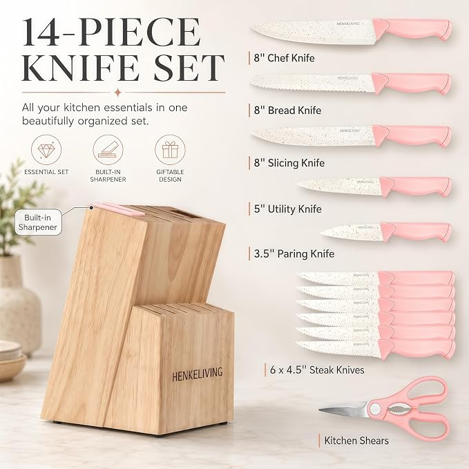14-Piece Peach Pink Knife Block Set with Built-In Sharpener | German high-carbon stainless steel blades, dishwasher safe, ultra-sharp edges, ergonomic non-slip handles
