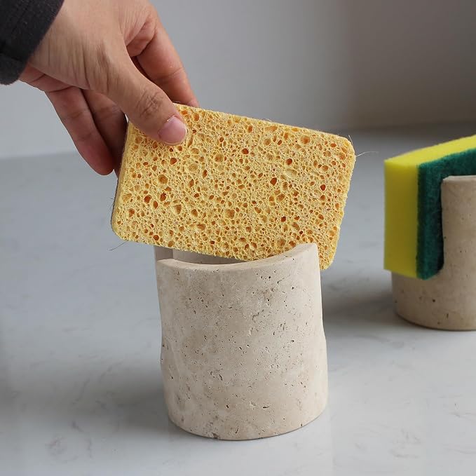 Natural Travertine Marble Sponge Holder for Kitchen Sink, Drying Rack, Compact Sink Caddy Organizer - Beige Travertine
