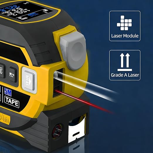 Voice Intelligent Tools Tape Measure 3-in-1 Laser Digital Measuring Tape Ruler-LCD Backlight 5M/16Ft Tape & Laser 80m/262Ft Rangefinder,Crosshairs Markings,Data Storage (Yellow, 80m/262ft)