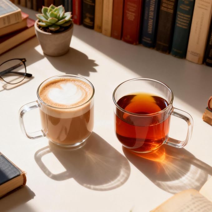 Glass Coffee Mugs, 8 oz iced coffee cups, Clear Tea Cups Set of 2, Glass Mugs with Handles, Glass Cups for Latte, Cappuccino, and Tea