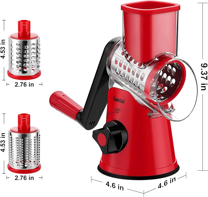 Geedel Rotary Cheese Grater, Kitchen Mandoline Vegetable Slicer with 2 Interchangeable Blades, Easy to Clean Rotary Grater Slicer for Fruit, Vegetables, Nuts