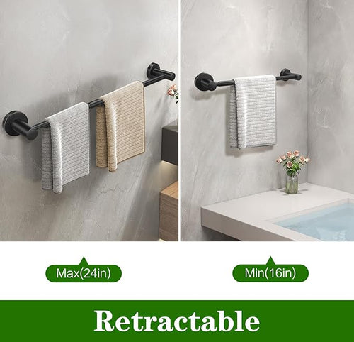 10pcs Matte Black Bathroom Hardware Set, Including 2pcs 24in Retractable Hand Single Towel Bar with 2pcs Toilet Paper Holders, 2pcs Towel Rings 4pcs Multifunctional Robe Hooks