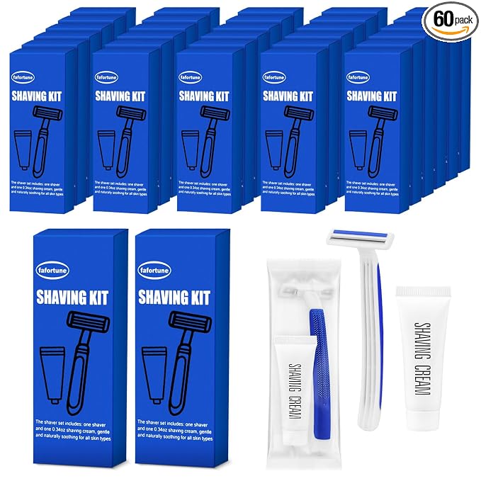 Shave Kit in Bulk Twin Blade Razors with Protective Cap,Disposable Razors in Bulk Shaving Cream for Hotel, Airbnb, Homeless, Shelter, Camping and Travel (60)