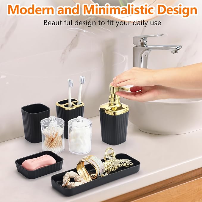 Black Bathroom Accessories Set,9 Piece Black Bathroom Accessory Set with Toothbrush Holder, Trash Can, Lotion Soap Dispenser, Toothbrush Cup, Vanity Tray, Soap Dish, Toilet Brush, Qtip Holder