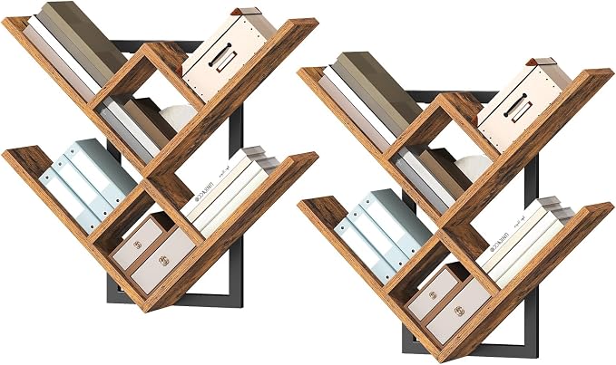 HOOBRO Floating Shelves for Wall, Set of 2 Wall Mounted Shelves, 2-Tier Wooden Tree Bookshelf, Hanging Shelves Storage Rack, for Living Room, Kitchen, Office, Rustic Brown and Black BF54BJP201
