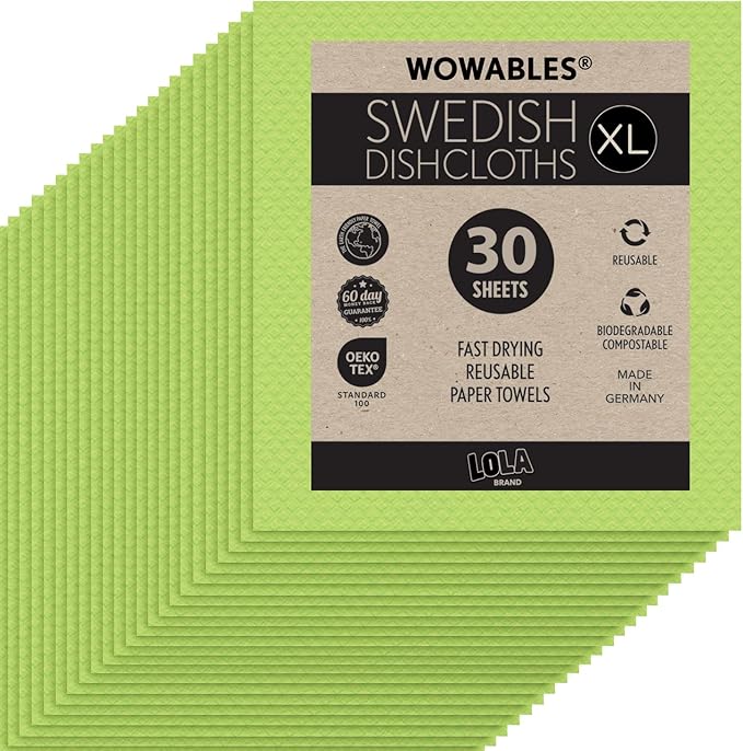Swedish Dishcloths for Kitchen XL, 30 Sheet Roll, Biodegradable & Compostable, Reusable Paper Towel Cleaning Cloths, 11" x 10", No Odor, Washing Dishes, Ultra Absorbent Cellulose Sponge Towel, By LOLA