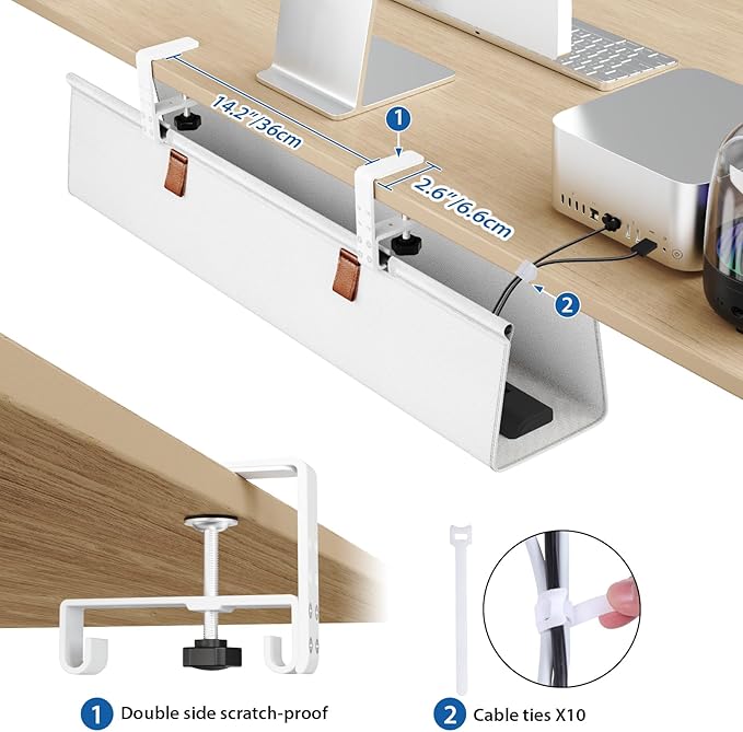 Zilink Under Desk Cable Management 30" No Drill Desk Cable Management Tray Clamp/Screw Mount Cable Tray Sturdy Waterproof Fabric Cord Organizer for Office, Home, White