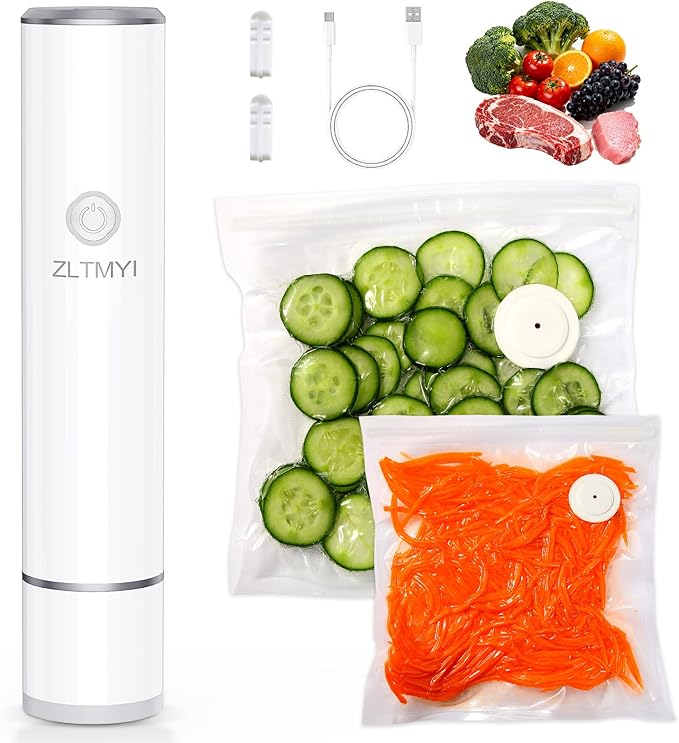 Handheld Vacuum Sealer for Food with 30 Reusable Vacuum Bags | 65kpa Compact Portable Pump, USB-C Rechargeable, One-Touch Auto Stop, Food Storage, Meal Prep, Freezer And Sous Vide