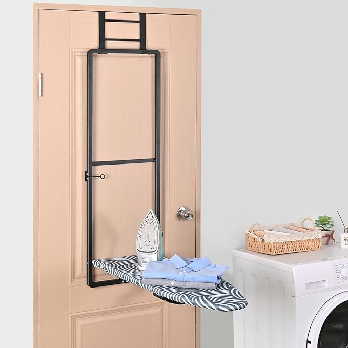 KINGBOARD Over Door Ironing Board, Hanging Ironing Board with Iron Holder, 36" X 12" Compact Fold Down Iron Board for Small Spaces, Removable Heat Resistant Cover, Blue