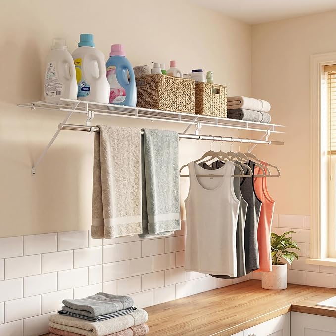 COSTWAY Closet Shelves Wall Mounted, Ventilated Shelf with Hanging Rod | Metal Wire Shelving Kit, Wire Wall Shelf for Laundry Room, Bedroom, Home, Mounting Accessories Included (6 ft x 12 in)