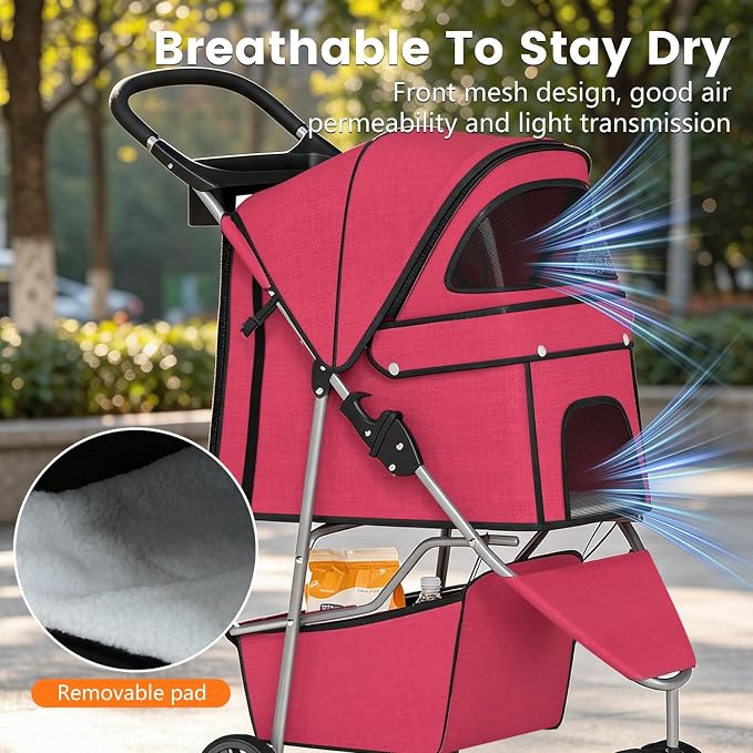 BestPet 3 Wheels Pet Dog Stroller Cat Cage for Medium Small Dogs Cats Travel Folding Carrier Waterproof Puppy Stroller with Cup Holder & Removable Liner,Red
