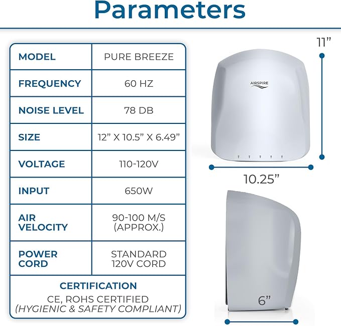 Electric Hand Dryer for Commercial Bathrooms & Home Use (110-120V) - Energy Efficient 650W Automatic Hand Dryer - HEPA Air Filtration & UV Protection - Wall Mounted, 78 dB - Cool Air (Silver)