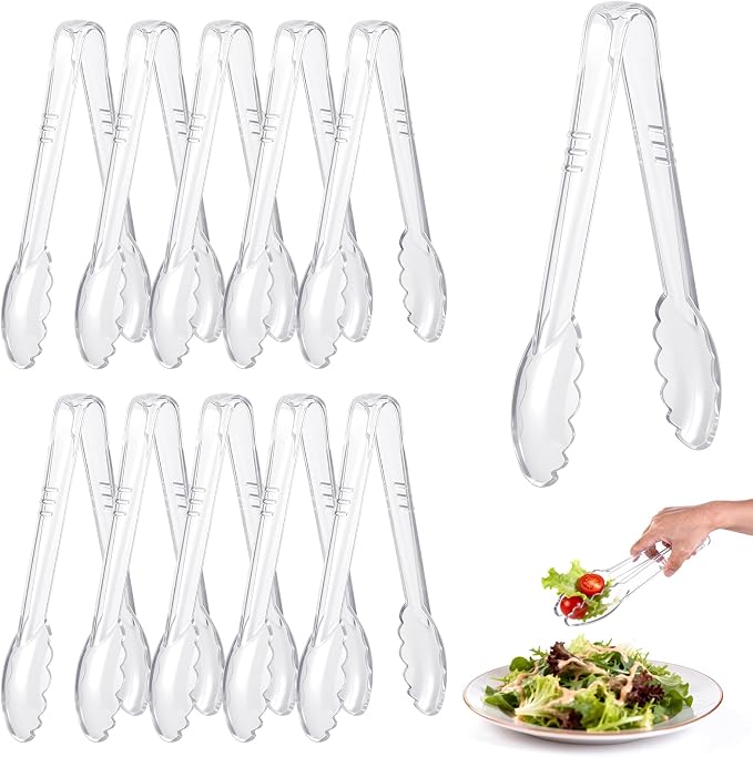 Mwellewm 12 Pc Serving Tongs 9 Inch Bulk Reusable or Disposable Plastic Tongs Heavy Duty Hard Plastic Serving Utensils Set Large Salad Tong for Kitchen Party Food Buffet Appetizer Catering (Clear）