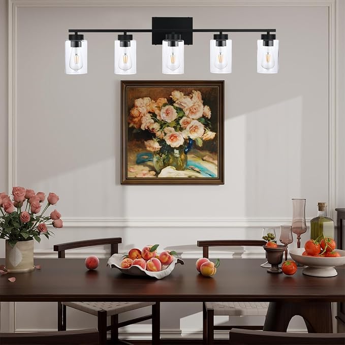 5 Light Bathroom Vanity Light Fixtures, Matte Black Modern Wall Lights with Clear Glass Shade, Vintage Wall Sconce Lighting for Living Room, Mirror, Bedroom, Hallway (Black, 5-Lights)