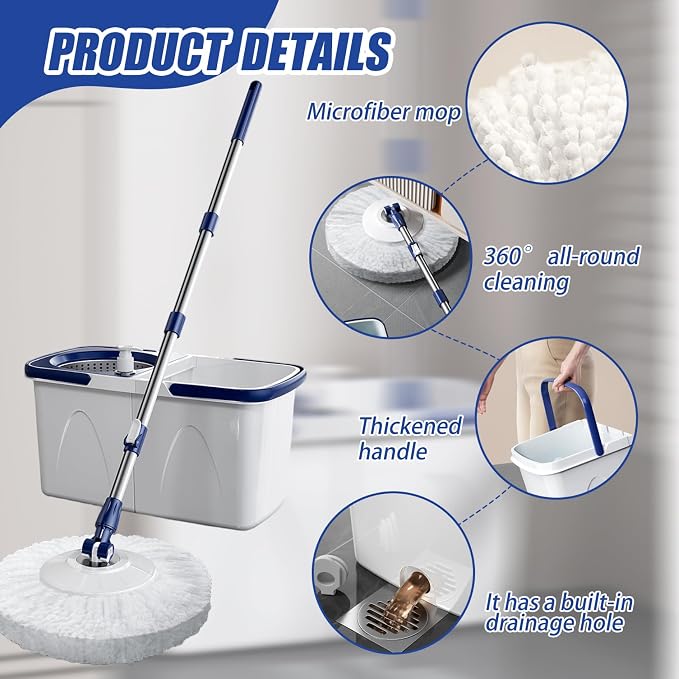Spin Mop and Bucket Set 43-51 Microfiber 15 Telescopic Round Mop with Wringer, 2 Pads and Detachable Bucket Drain for HomeSpin