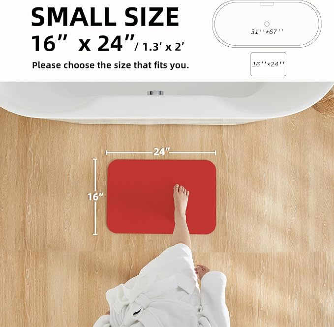TYUU Christmas Bath Mat, Red Bathroom Rugs Non Slip Washable Thin Absorbent Bath Mat Fits Under Door Bathroom Floor Mat Perfect for Bath, Shower, or Sink 16"x24" Red
