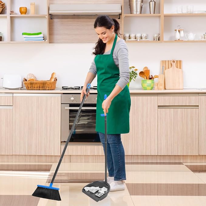 REEWII Broom and Dustpan Set ，Long Handle Broom with Upright Standing Dust pan for Indoor Outdoor Home Kitchen Office Floor Cleaning