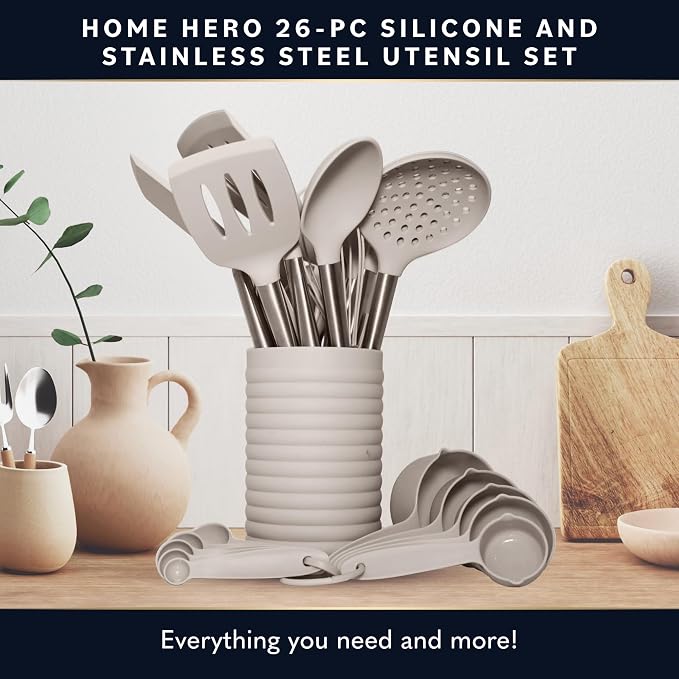 Home Hero Silicone Kitchen Utensils Set - Heat Resistant Non-Scratch Cooking Utensils - Ergonomic Silicone Spatula Set - Dishwasher Safe Kitchen Tools - 26 Piece, Stone