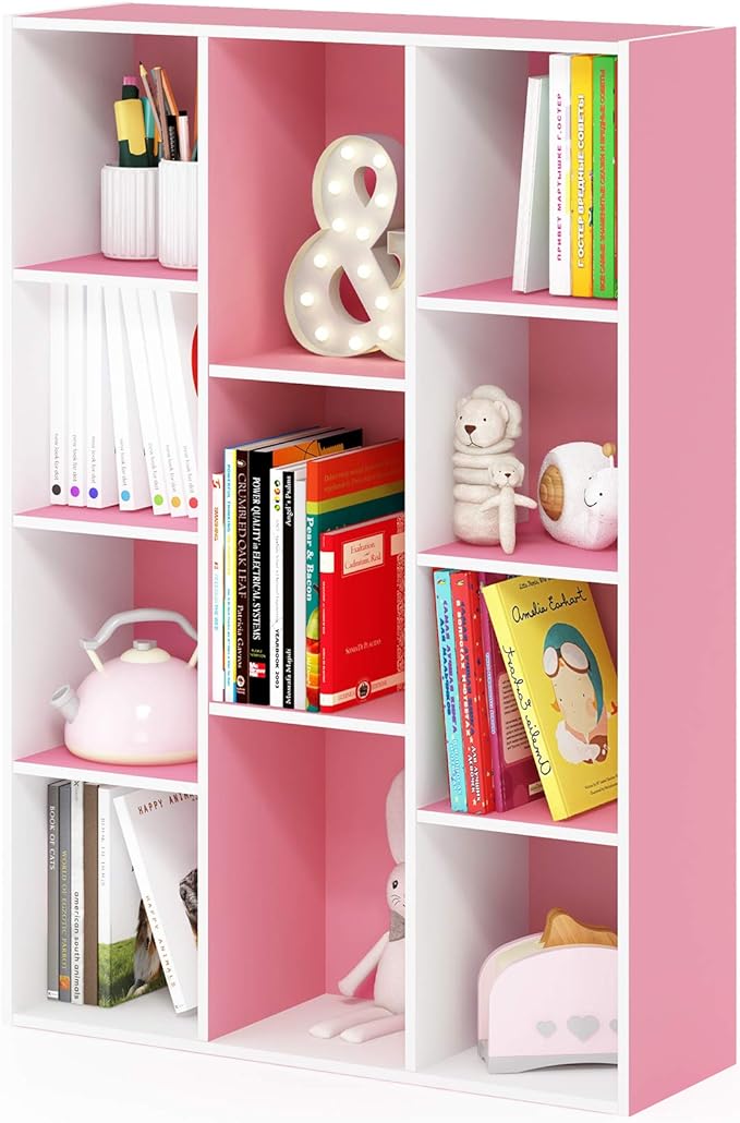 Furinno LUDER Book Shelf, 11-Cube Bookshelf, Reversible Bookcase, 9.4 x 29.1 x 41.7, Easy Assembly, for Living Room, Bedroom, Home Office, White/Pink
