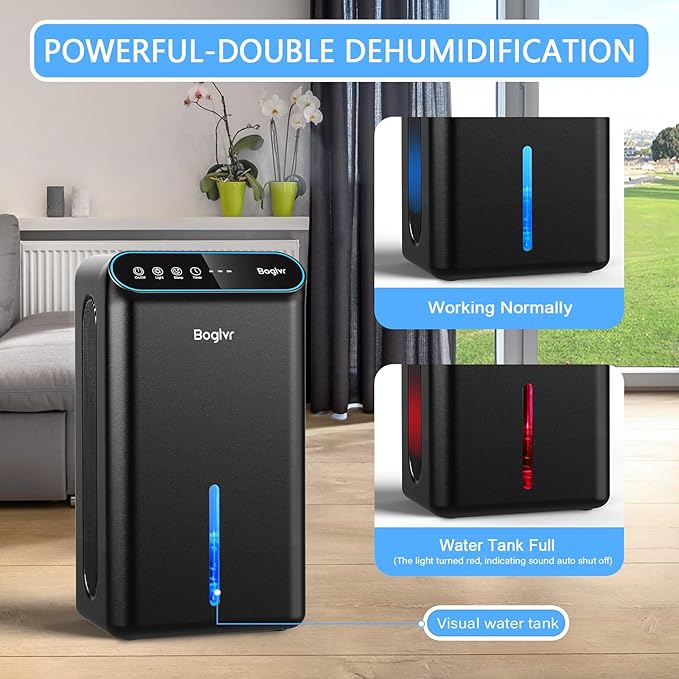 Dehumidifier for Home up to 1000 sq.ft, 98oz Small Quiet Dehumidifier with Drain Hose, 3 Timer Modes, Auto Shut Off, Aromatherapy & 7 Color Light for Bedroom, Bathroom, Basement (Pure Black)