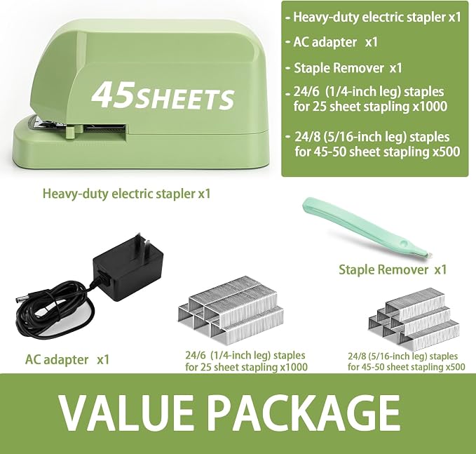 Heavy Duty Electric Stapler Value Pack, 45 Sheet Capacity, Includes 1500 Staples & Staple Remover, No-Jam, Faster Stapling, Automatic Stapler Desktop,AC Adapter Powered (Saga Green)