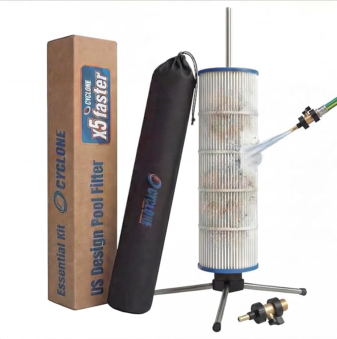 CYCLONE FILTER CLEANER Essential Plus – Patented Spinning Cartridge Filter Cleaner with Tripod Stand & Premium Brass Jet Nozzle with Shut-Off Valve – Fits 3”, 4”, 6” ID