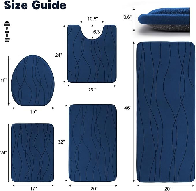 YIHOUSE Bathroom Rugs Set 5 Piece, Memory Foam Bath Mat Navy Blue | Ultra Soft, Absorbent, Non-Slip, Machine Washable, for Bathroom, Sink and Toilet