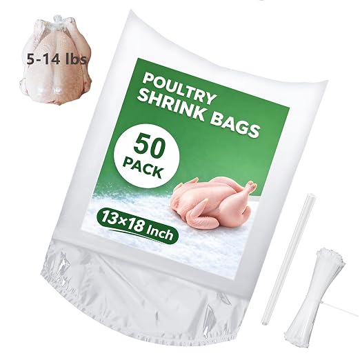 BPA-Free Poultry Shrink Bags 13x18'' 50 Pack | Heat Shrink Wrap for Turkey Chicken Rabbit Freezer Safe with 50 Zip Ties & Silicone Straw by Hoqqf