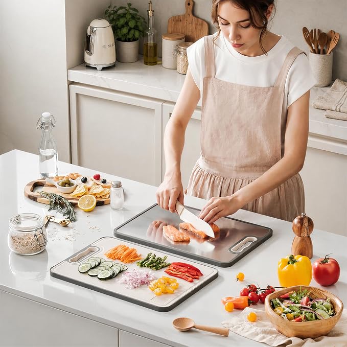 1PC Titanium Cutting Boards for Kitchen Chopping Board Double Sided | Cutting Board Set Food Grade 100% Pure Titanium & Wheat Straw PP Cutting Board Easy to Clean [15"x10.4"]