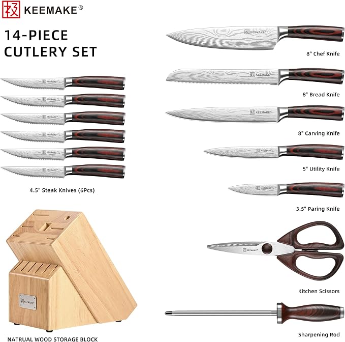 14 Pcs Kitchen Knife Set with Block, Ultra Sharp Knife Block Set | Japanese High Carbon Stainless Steel, Professional Chef Knife Set with Ergonomic Pakkawood Handle and Sharpener
