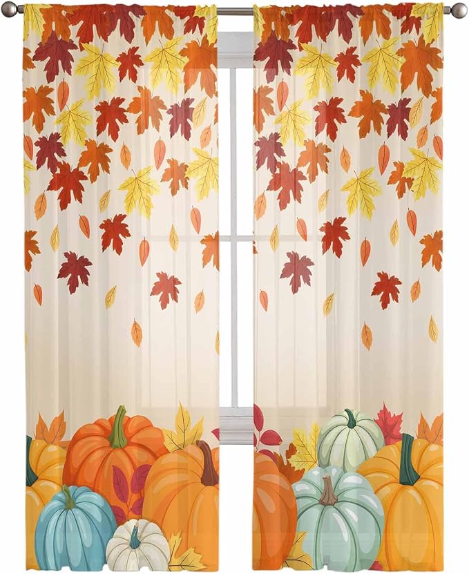 Thanksgiving Fall Chiffon Semi-Sheer Curtain 63 Inch,Autumn Pumpkins Maple Leaves Rod Pocket Voile Window Curtain Panels,Orange Watercolor Tulle Curtains Drape for Living Room/Sliding Door, 104"x63"