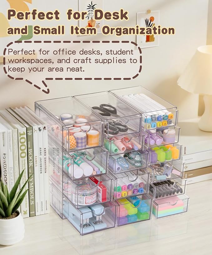 VZKAH Clear Acrylic Organizer with Drawers | 15-Drawer Desktop Unit | Makeup & Desk Organization and Storage Box for Office, Craft, Vanity Table, Bathroom, Home Essentials