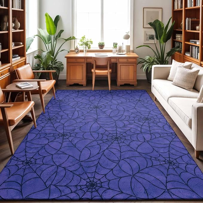 Large Area Rug 8'x10', Navy Blue Halloween Washable Rectangular Area Rugs for Bedroom Living Room Office, Black Spiders Net Classic Gingham Non Slip Kitchen Rug Mats Indoor Floor Accent Throw Carpet