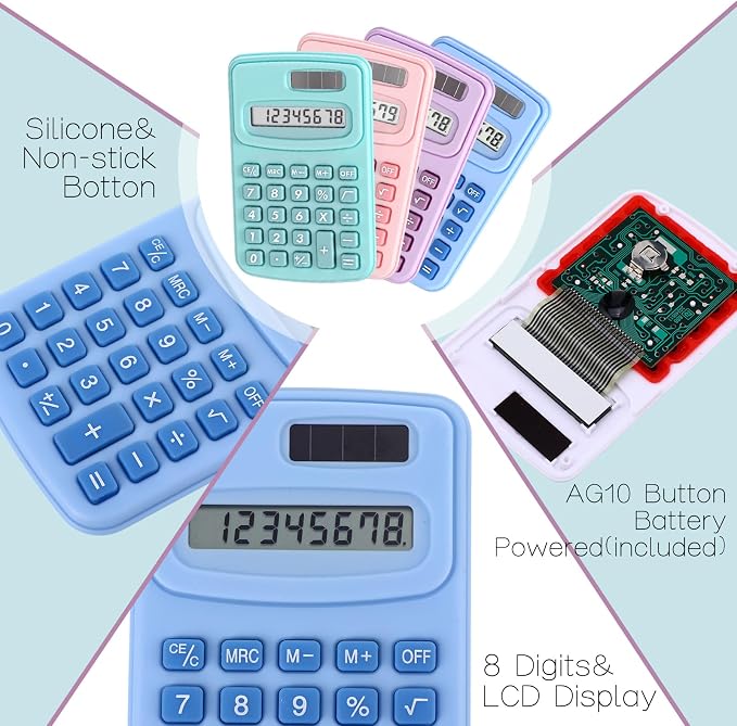 Flutesan 30 Pack Pocket Calculator Small Battery Powered Bulk Mini Size 4 Function Hand Held Basic Calculator for Students Kids School Home Office(Red, Blue, Green, Black, Pink, Purple)