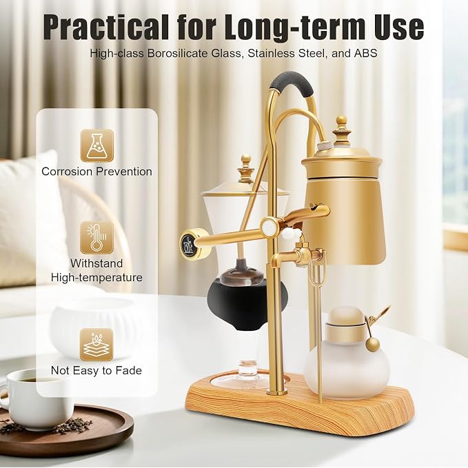 Gold Siphon Coffee Maker, 400ml Vintage Vacuum Coffee Brewer with Wooden Base, Electric Glass Balance Siphon Pot for Home, Kitchen, Coffee Shop - Manual Brewing Equipment with Measuring Cup & Spoon