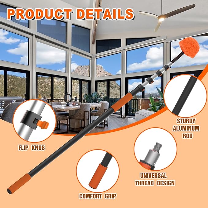 SISUPASSIE 36FT Reach Cobweb Duster with Extension Pole, High Ceiling Long Duster with 7-30FT Telescoping Pole, Spider Web Brush for Indoor Outdoor Use