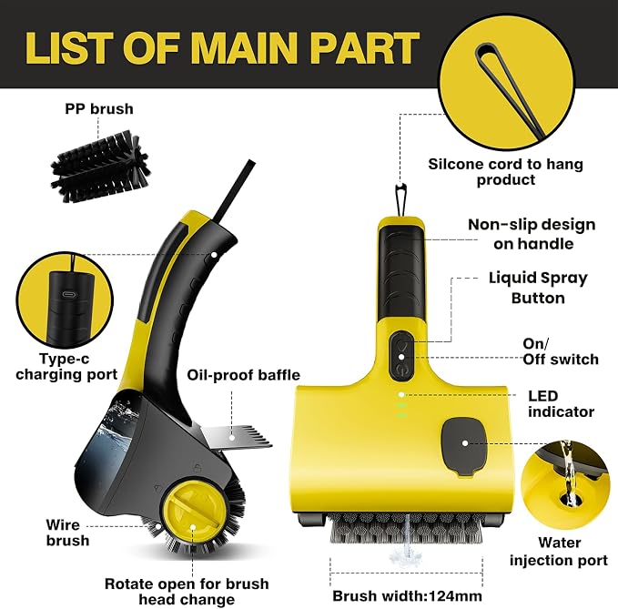 Electric Grill Brush for Outdoor, Cordless Rechargeable Grill Brush with Water & Cleaning Solution Tank, IPX7 Waterproof, 304 Stainless Steel, Automatic Grill Cleaner for BBQ Grates