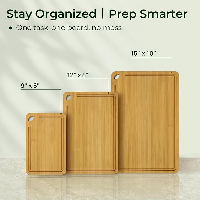 Keechee Bamboo Cutting Board, Cutting Board for Kitchen with Handles | Deep juice grooves, built-in handles, versatile 3 piece set for everyday cooking and chopping