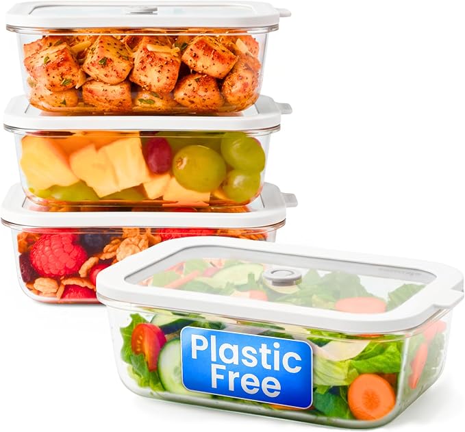 Non-Toxic Glass Food Containers with Lids, 4-Pack, 21 oz, Airtight, Gray | Plastic & BPA free. Glass body, glass lid & platinum silicone seal. Airtight & leakproof. Freezer & microwave safe.