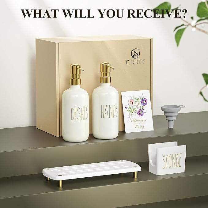 Cisily Kitchen Soap Dispenser Set Comes with Ceramics Sponge Holder, Gold Pumps, and Instant Dry Tray, Hand and Dish Soap Dispenser Set (4, Gold + Off White + Sponge Holder)